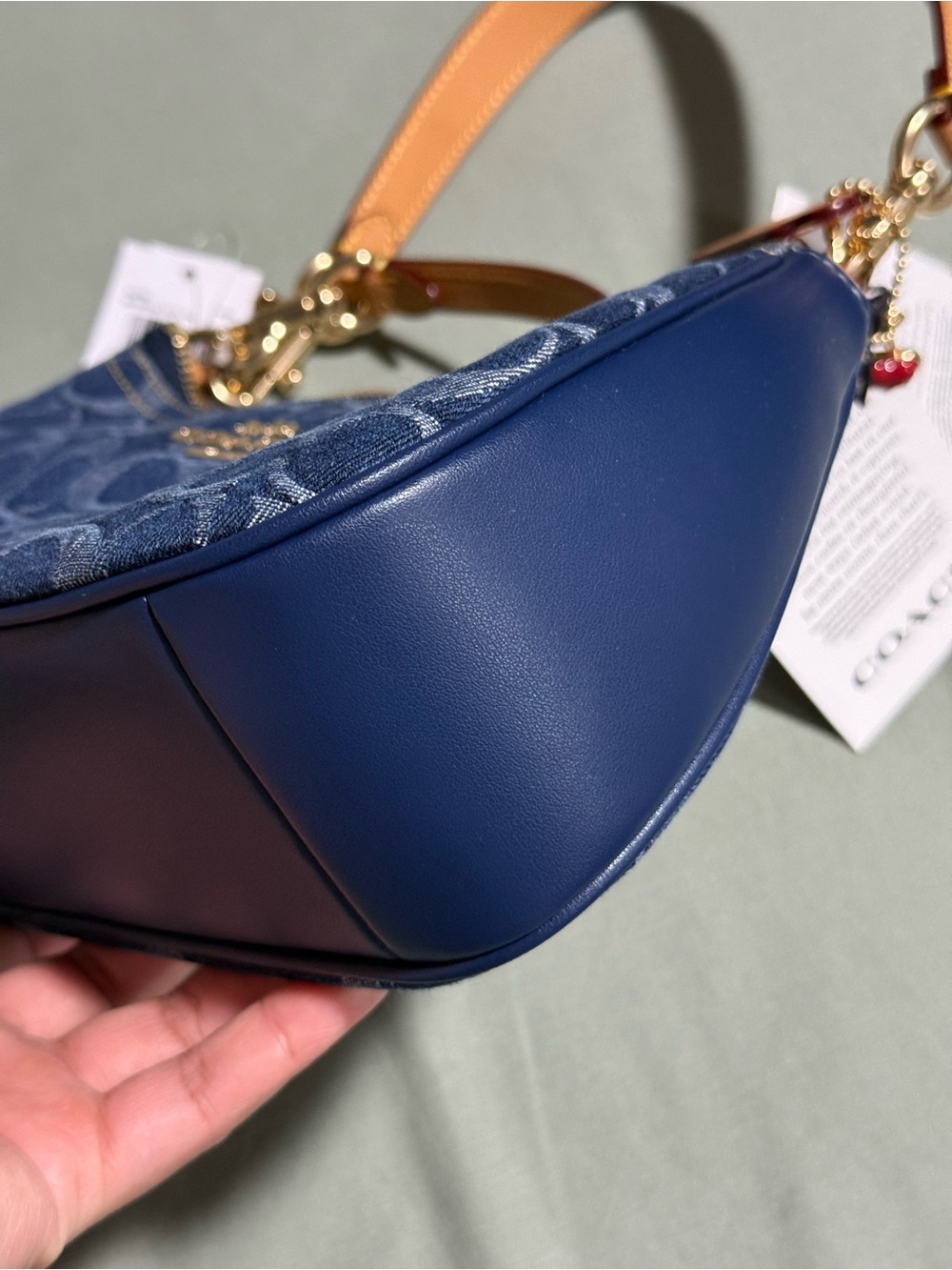 Coach Denim Signature Mini Shoulder Bag in Navy with Tan Strap - Picture 5 of 8